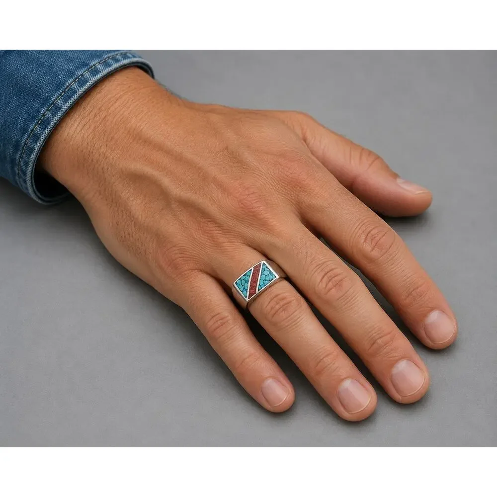 Men's Ring Sz 10.5 Silver Tone Faux Colorful Southwestern Style Inlay